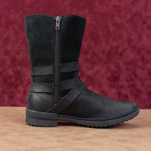 UGG Women Lorna Black Leather Waterproof Shearling Top Mid Calf Boots sz 8.5 - Picture 8 of 8